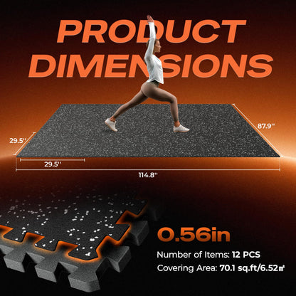 SUPERJARE 30" x 30" Larger Rubber Top Exercise Equipment Mats, 0.56" Thick,12 PCS 75 Sq Ft High-Density EVA Foam Interlocking Gym Flooring, Big Workout Mat for Home Gym, Floor Protection, Black/Grey