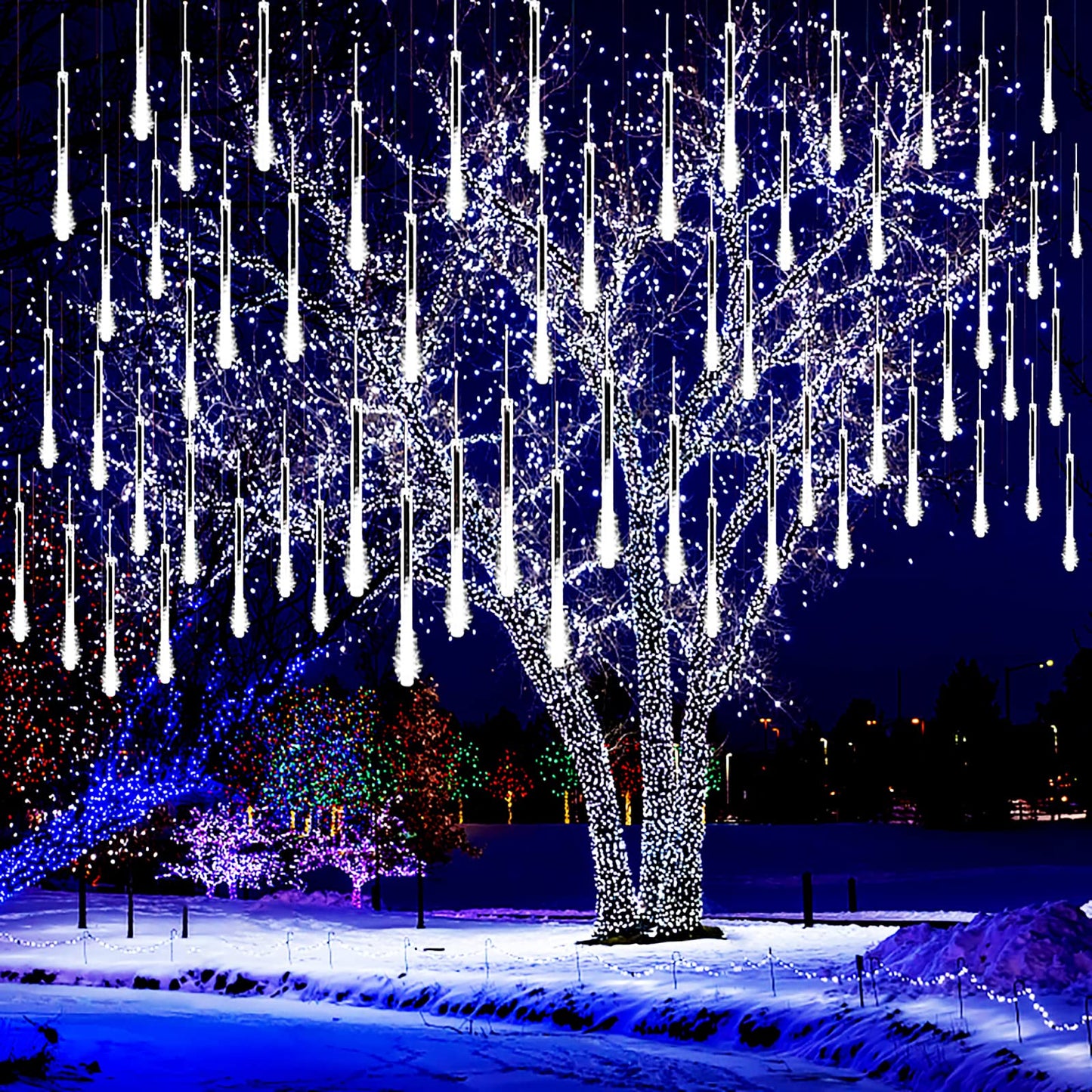 Kwaiffeo Christmas Lights Outdoor, 8 Tubes Meteor Shower Lights LED Snow Falling Icicle Cascading Light for Xmas Tree Wedding Decoration Party, UL Plug, White