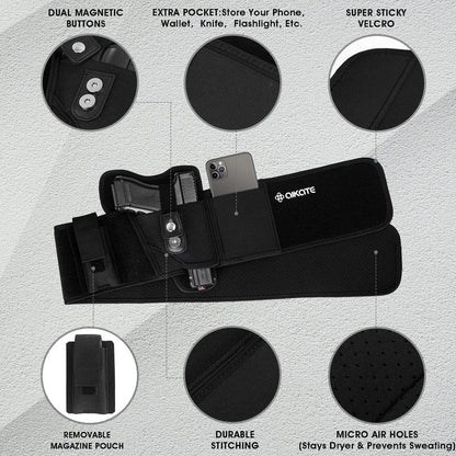 AIKATE Upgraded Belly Band Holster for Concealed Carry, Deep Concealment Gun Holster for Men, Waistband Holsters Fits for Glock 19, 17, M&P Shield 9MM Most Pistols (Fits Belly Up to 55", Right)