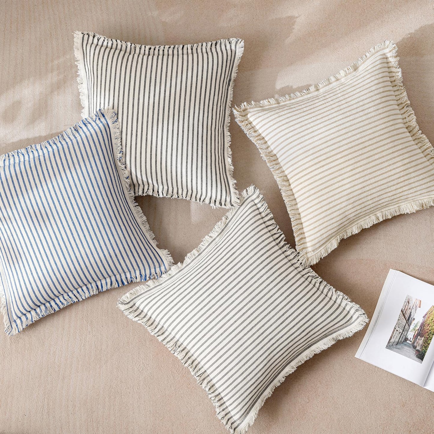 MIULEE Black Pack of 2 Pillow Covers 18x18 Inch Striped Farmhouse Couch Throw Pillow Covers with Fringe Chic Linen Decorative Cushion Covers for Sofa Living Room Bed Outdoor Home Decor
