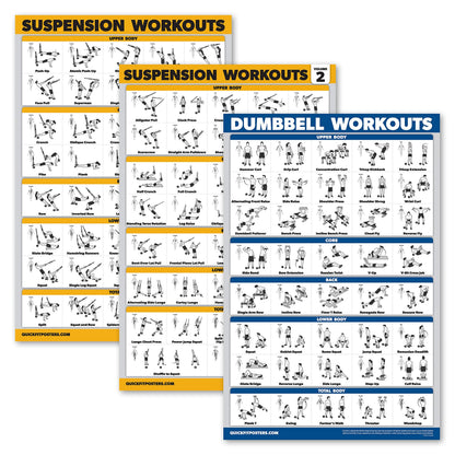 Palace Learning 3 Pack - Suspension Workout Posters - Volume 1 & 2 + Dumbbell Exercises Poster Set - Set of 3 Workout Charts (LAMINATED, 18" x 24")