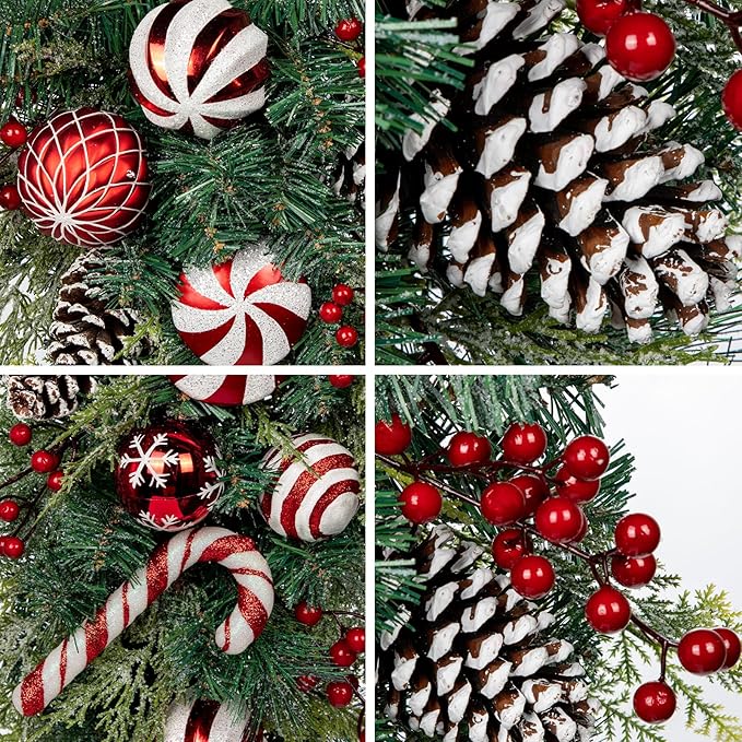 30" Christmas Teardrop Swag for Front Door Artificial Winter Swag Garland with Pine Cones, Berry Clusters, Red Ball Ornaments and Ribbons for Thanksgiving Holiday Christmas Decoration