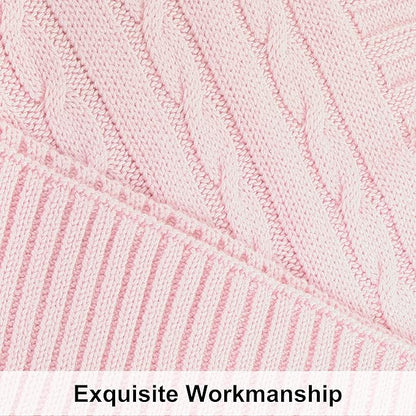 NTBAY 100% Pure Cotton Cable Knit Throw Blanket, Super Soft Warm 51x67 Knitted Throw Blanket for Couch, Sofa, Chair, Bed - Extra Cozy, Machine Washable, Comfortable Home Decor, Baby Pink