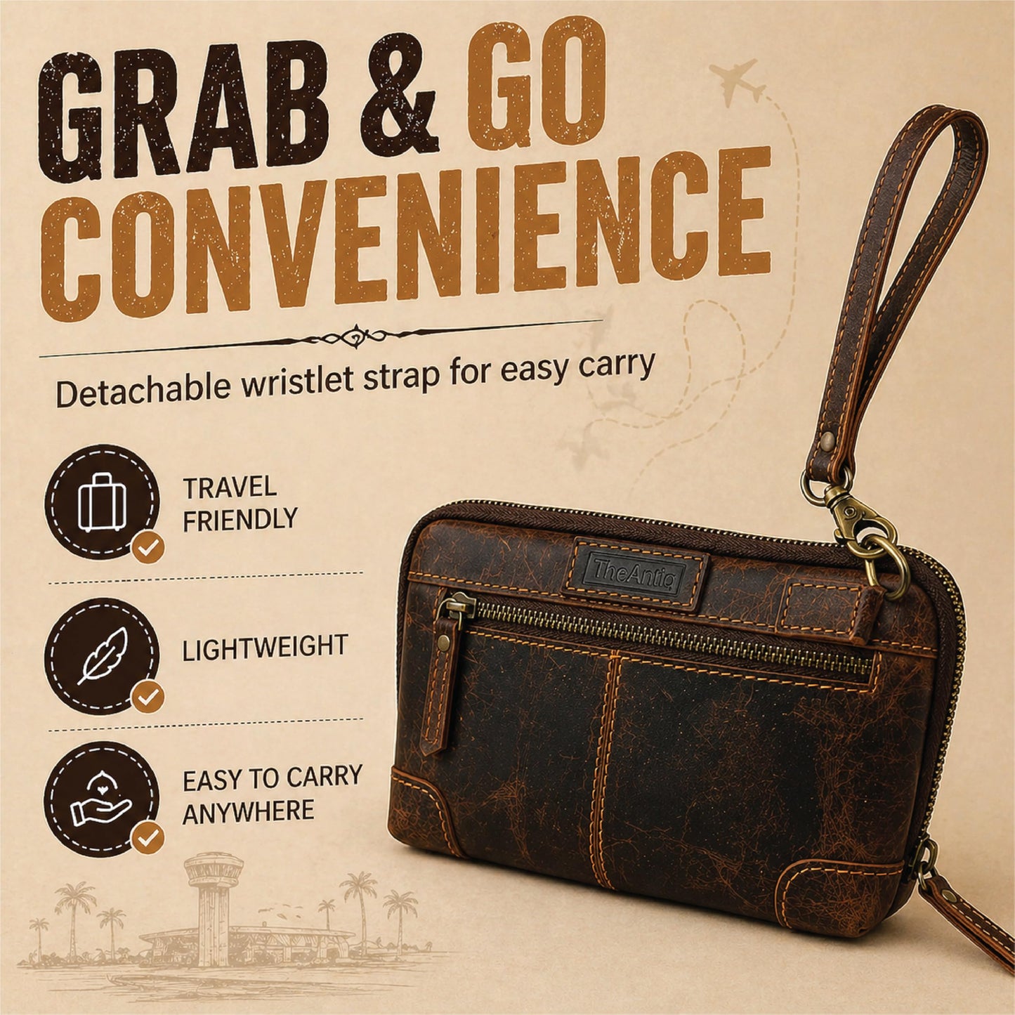 TheAntiq Genuine Leather Makeup Bag Travel Organizer, Premium Handcrafted Cosmetic Pouch with Zipper & Wrist Strap, Durable Toiletry Storage for Women & Men, 5 x 9- Brown