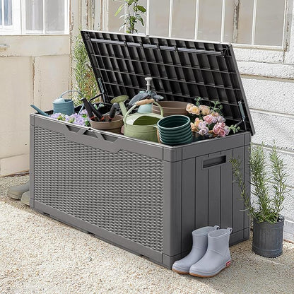 Greesum 100 Gallon Resin Patio Storage Box for Garden Tools, Outdoor Furniture Cushions, Pool Supplies, Gray