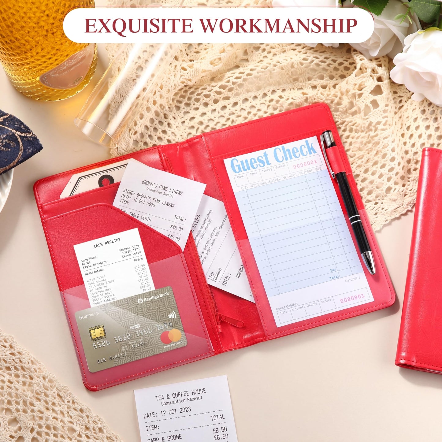 Containlol 6 Pcs Waitress Server Books Guest Book Pad Leather Money Organizer Wallet Organizer Waiter Cash Check Bill Receipt Holder with Pocket for Waitstaff Fit Apron(Red Style)