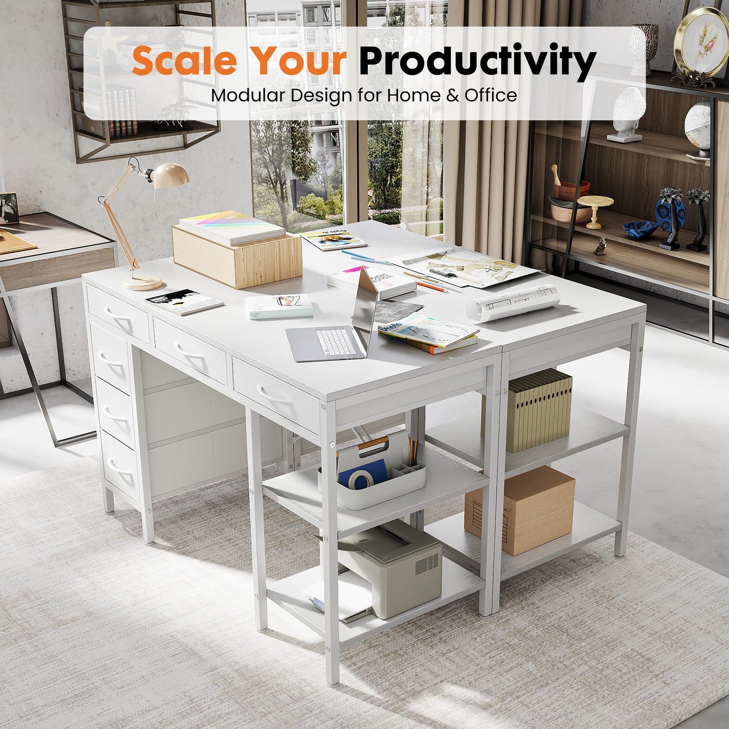 Sweetcrispy 47" Computer Desk with 6 Drawers, Home Office Gaming Desks with Storage Shelves for Bedroom, Writing Study Corner Living Room Work Table White