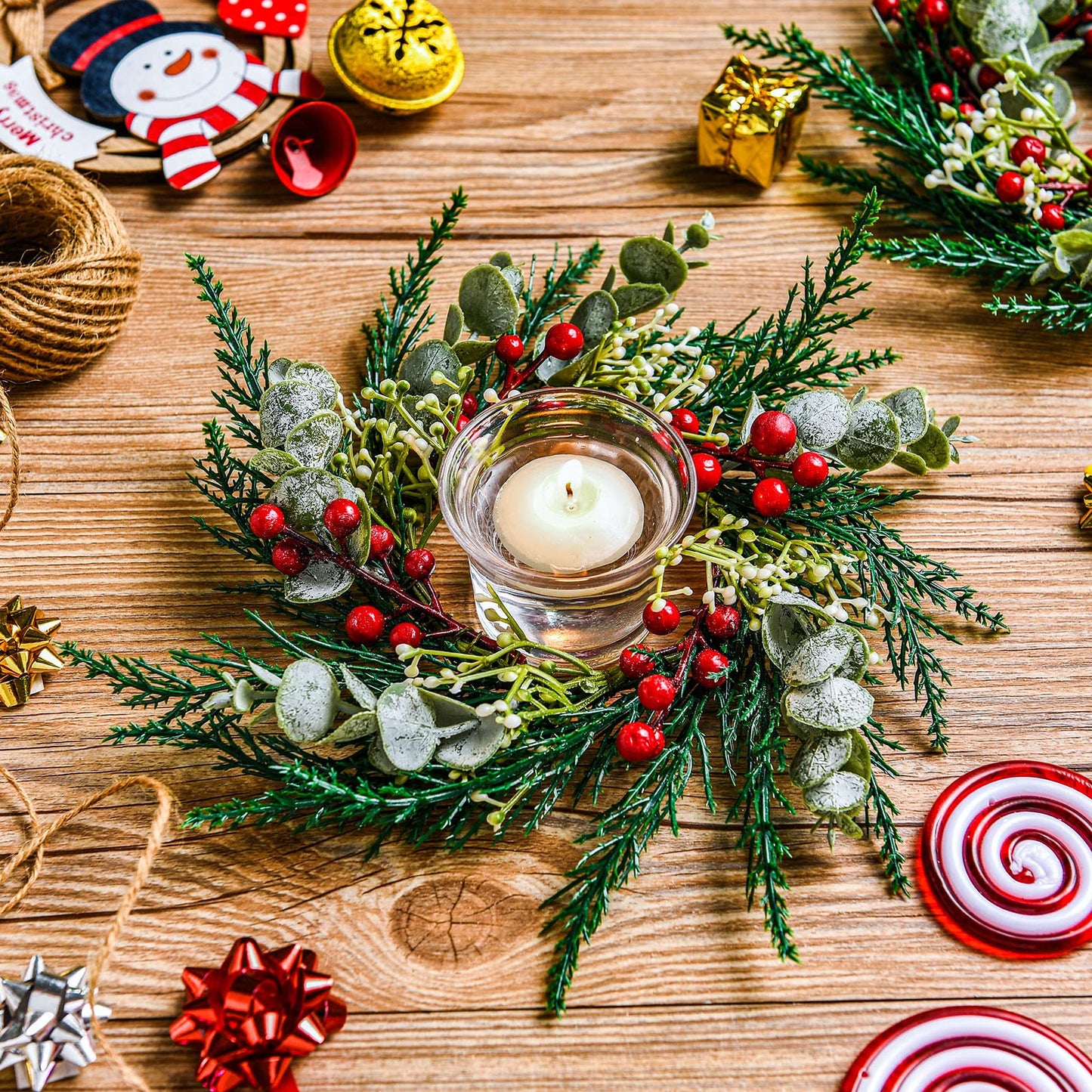 6 Pcs 8" Mini Christmas Wreaths for Kitchen Cabinet Small Christmas Candle Rings Wreaths, Front Door Pillars/Home Table Centerpieces Hanging Garlands, for Windows/Wedding Decor (No Red Ribbon)