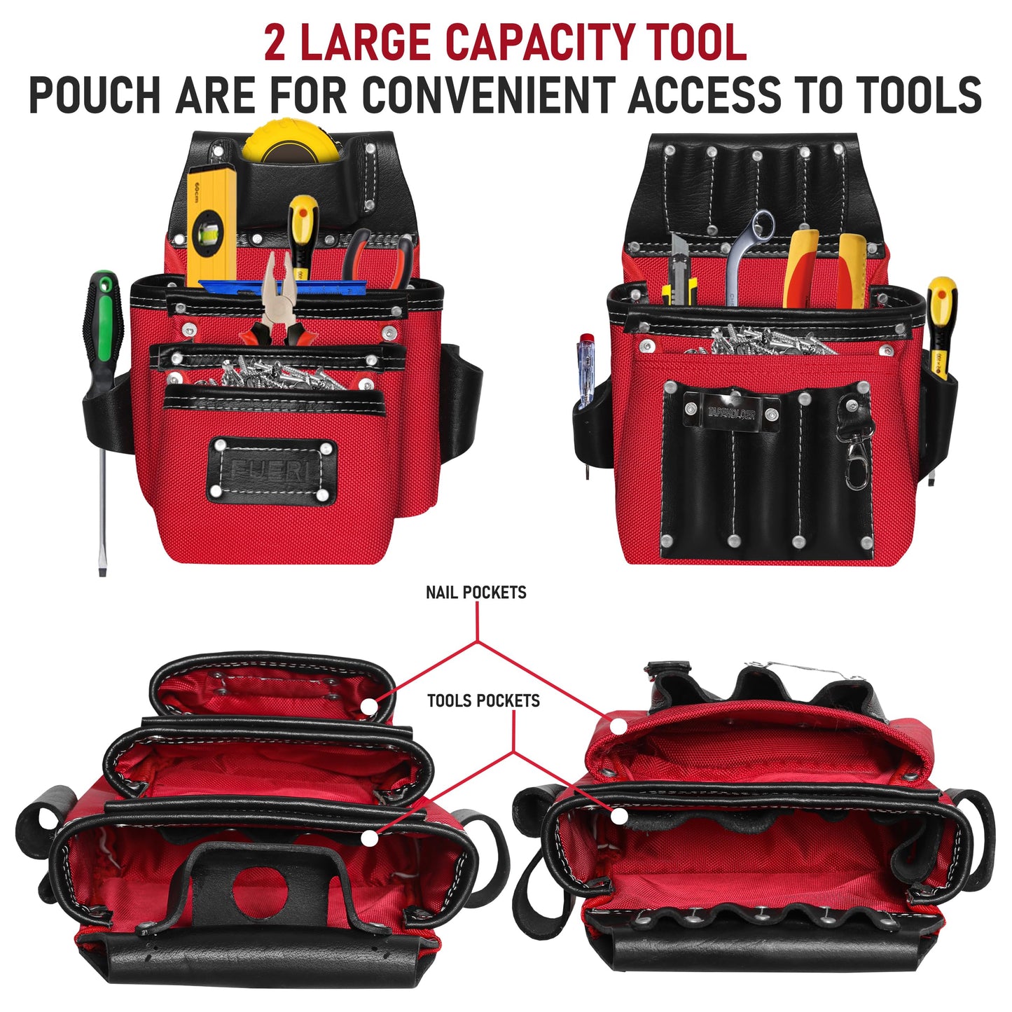 FUERI Heavy Duty 26 Pocket Tool Belt with Suspender | Grain Black Leather & Red Nylon Carpenter Tool Belt With 2 Large Pouches, Hammer Holder, Suspender Loops & Padded Belt, Ideal for Electricians