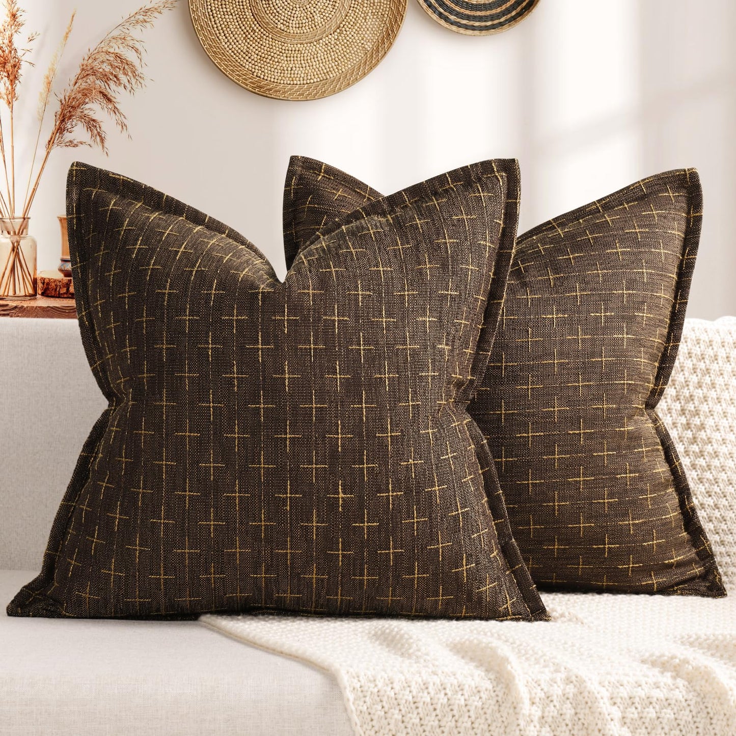 ZWJD Pillow Covers 24x24 Set of 2 Soft Polyester Textured Pillow Covers with Stylish Flange Edge Cozy Farmhouse Throw Pillows for Couch Bed Sofa Living Room