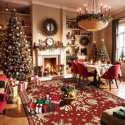 5' X 7' Christmas Rugs Indoor Snowflake Area Rugs for Bedroom Living Room Dining Room Nursery Dorm Classroom Vintage Xmas Carpet for Kids Girls Women Floor Mat Pad