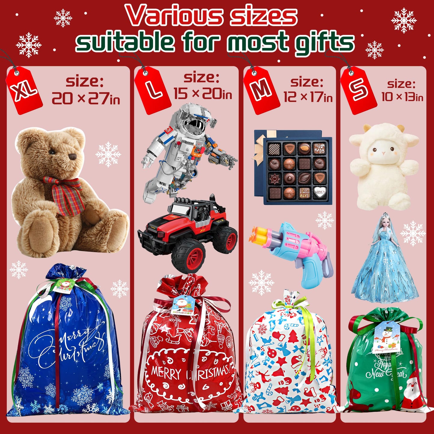 38PCS Christmas Drawstring Gift Bags Assorted Size Small Medium Large