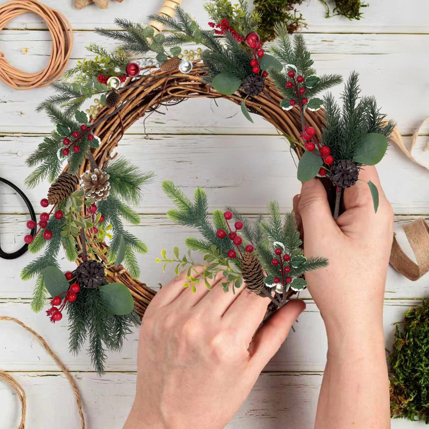 Gudegou 10 Pack Christmas Tree Picks with Gold Slive Ornaments,12-15Inch Red Derry Stems with Pinecone for Floral Arrangements DIY Crafts