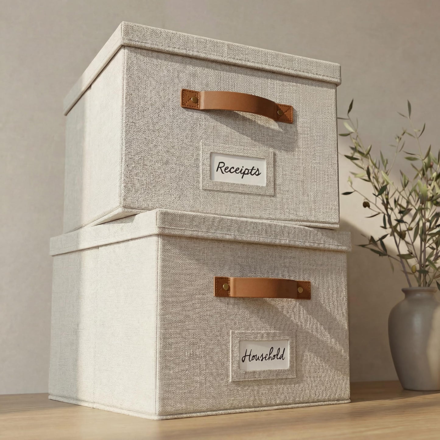 ZICOTO Decorative File Organizer Box Set of 2 - Collapsible Linen Filing Cabinets w/Handles Are Perfect to Store all Your Documents & Hanging File Folders - Portable Easy Slide Crates with Lid