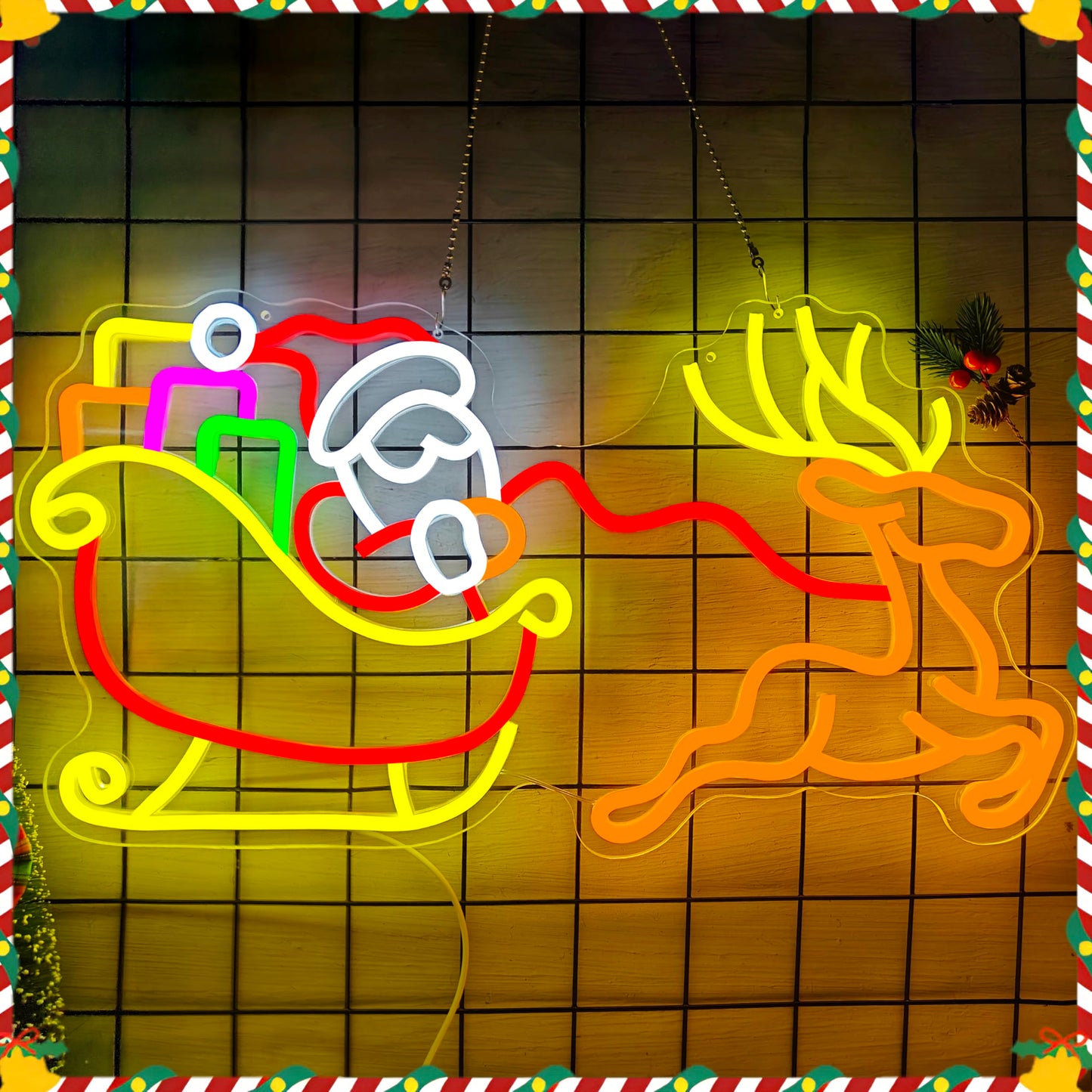 hhuohuona Large Santa With Sleigh and Reindeer Neon Sign Dimmable Neon Christmas Sign Lighted Reindeer Sleigh Santa Led Signs for Wall Xmas Decorations (21.18 * 11.61 In)
