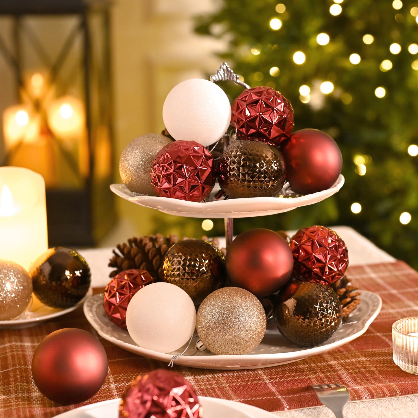 Valery Madelyn Christmas Tree Decorations Ornament Set, 50ct 2 Inches Red Brown White Shatterproof Christmas Ball Ornaments Hanging Xmas Holiday Party Decor