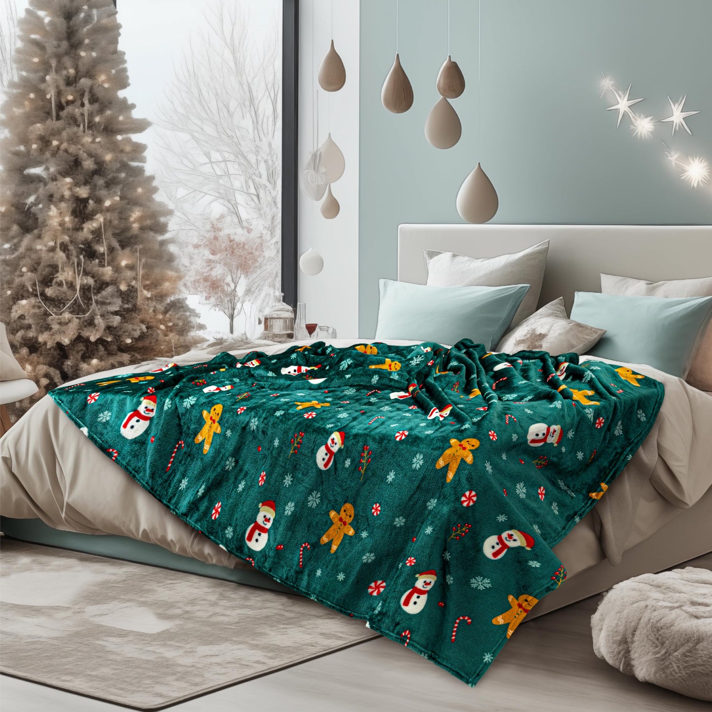 PAVILIA Christmas Gingerbread Throw Blanket | Green Holiday Christmas Fleece Blanket | Soft, Plush, Warm Winter Cabin Throw, 60x80 (Green Gingerbread)