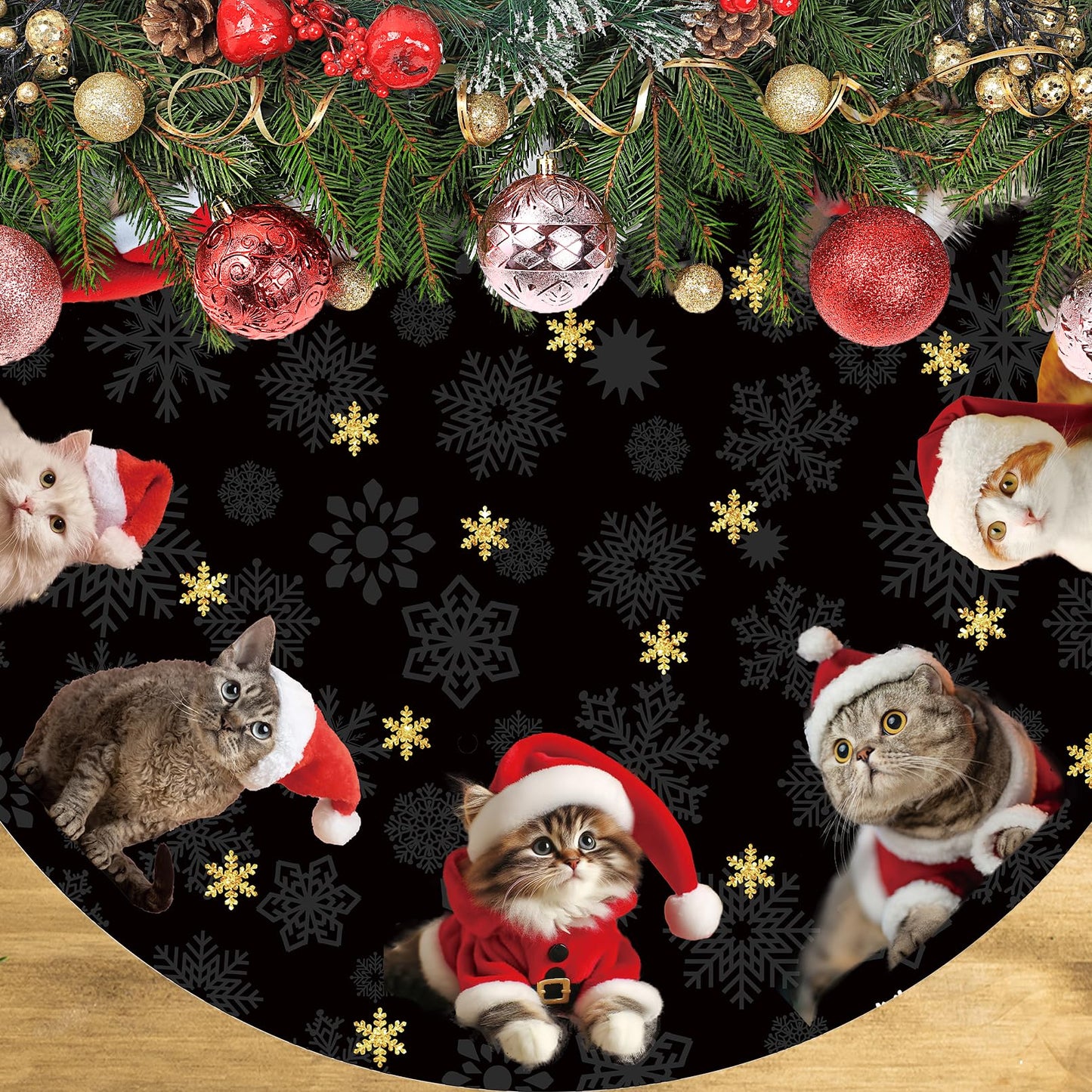 Cat Christmas Tree Skirt 36 Inches Black and Gold Xmas Skirt Under Tree Base Cover Collar Floor Mat for 6.5ft-Tree, Christmas Decor for Home Office Indoor Holiday Party Decor