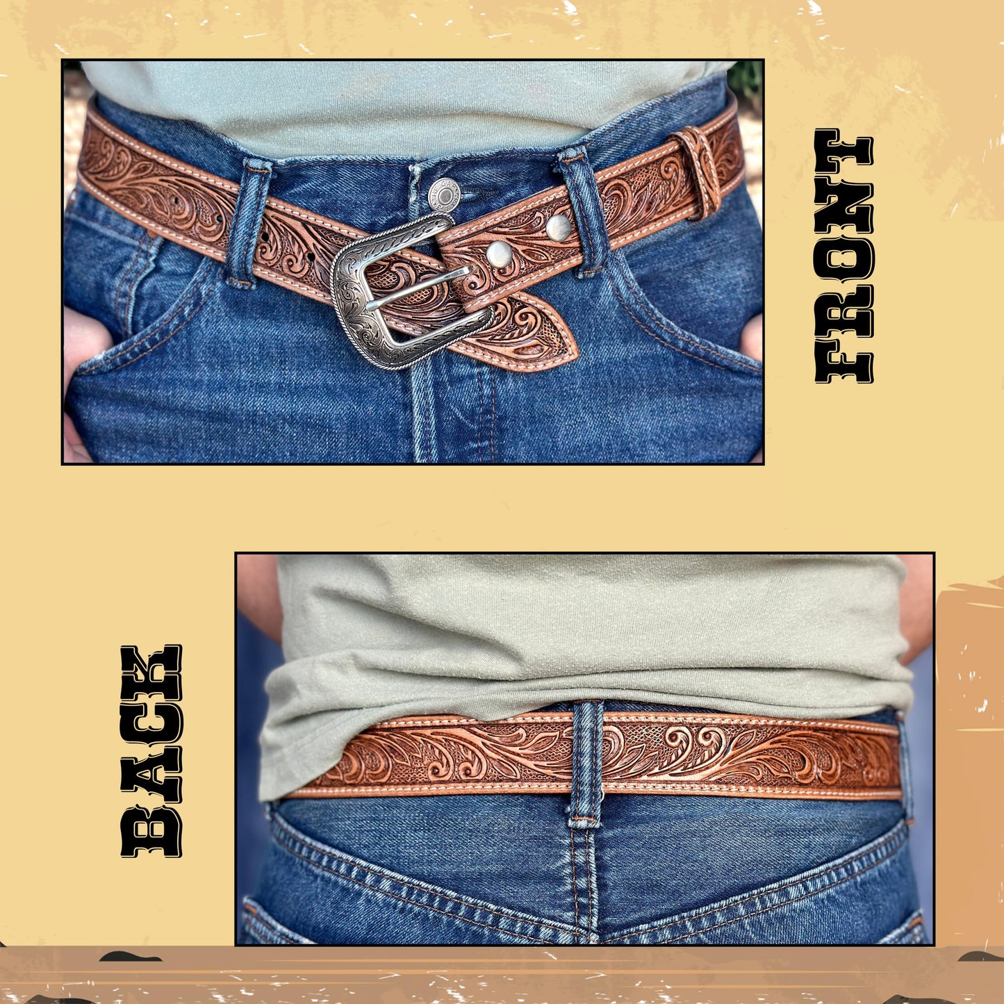 DANIEL'S ARTPLANET Western Belt for Men 1.5” Wide Full Grain One Piece Leather Belt with Buckle Handmade Engraved Tooled (Brown, 40)