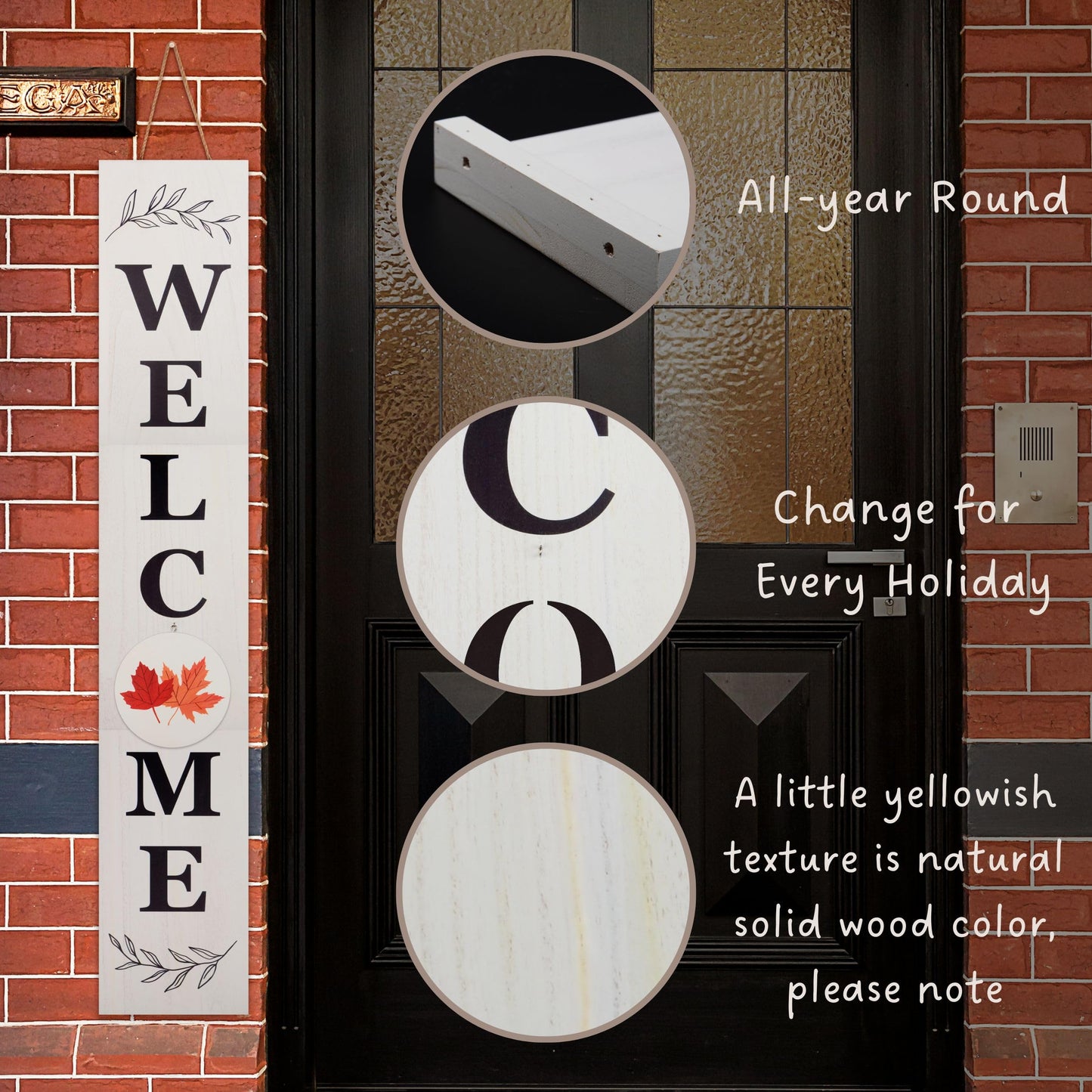 Perfnique Interchangeable Welcome sign for front porch standing, 47 x 7.9 Inch Black Wooden Leaner Sign with 10 Interchangeable Designed Icons, Modern Farmhouse Rustic Seasonal Decor for Spring Easter Fall Christmas (White)