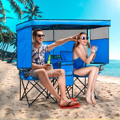 WTVIDAS Double Beach Chair with Canopy Shade Heavy Duty Camping Chairs with Cup Holder Folding Loveseat for Outside Lawn