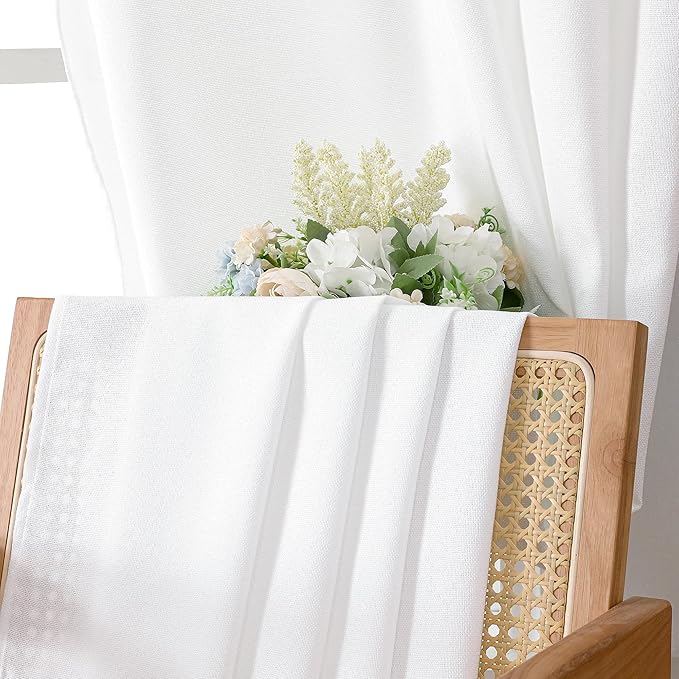 Tollpiz Linen Curtain Living Room Rod Pocket Semi Sheer Curtains Burlap Light Filtering Thick Linen Drape for Bedroom, 54 x 72 inches Long, White, Set of 2 Panels