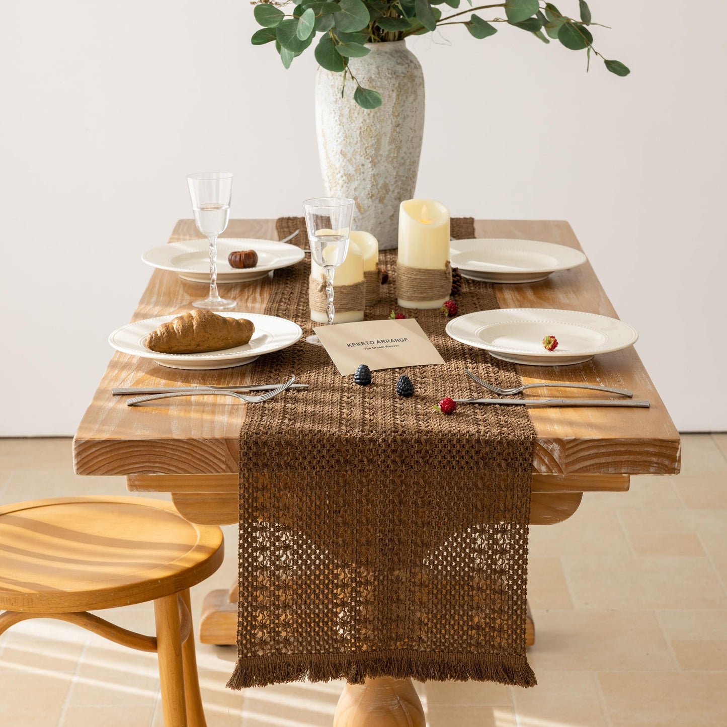 Keketoarrange Boho Brown Table Runner for Home Decor 13x72 Inches Farmhouse Small Macrame Woven Burlap Jute Rustic Coffee Table Runner Dresser Scarf Dining Kitchen Centerpiece Bohemian Decor