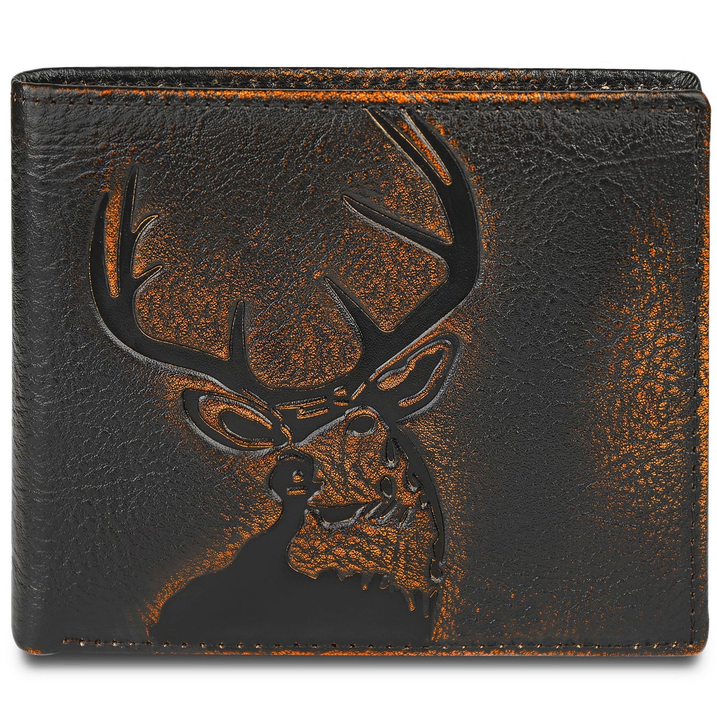 DK86 Deer Bifold Wallet for Men RFID Blocking Full Grain Leather With Hand Burnished Extra Capacity Multiple Card Slots with 2 ID Windows (black orange with deer)