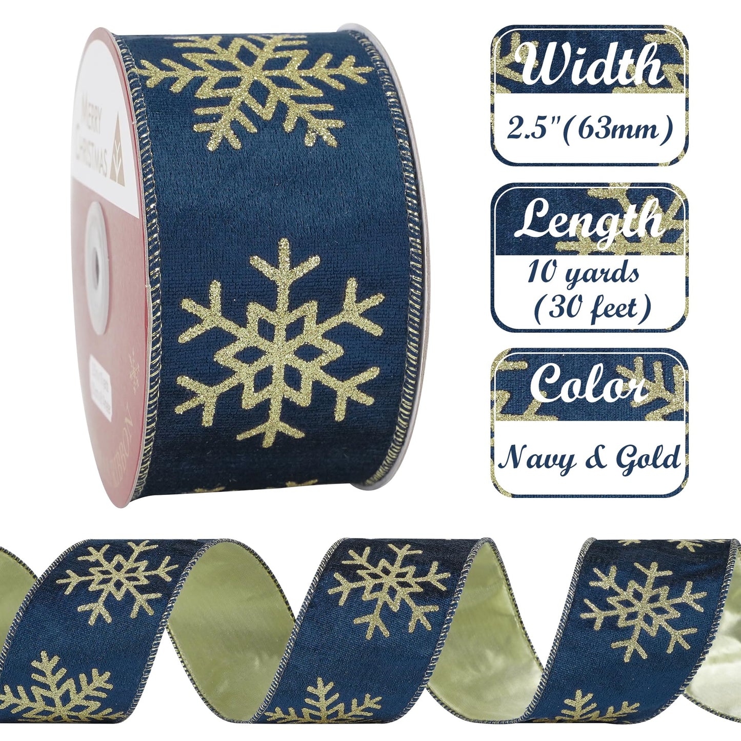 AIMUDI Navy Blue Velvet Ribbon 2.5 Inch Navy and Gold Snowflake Christmas Wired Ribbon for Gift Wrapping, Wreaths, Christmas Trees, Garlands, Holiday Crafts, Topper Bows, Home Decor 10 Yards