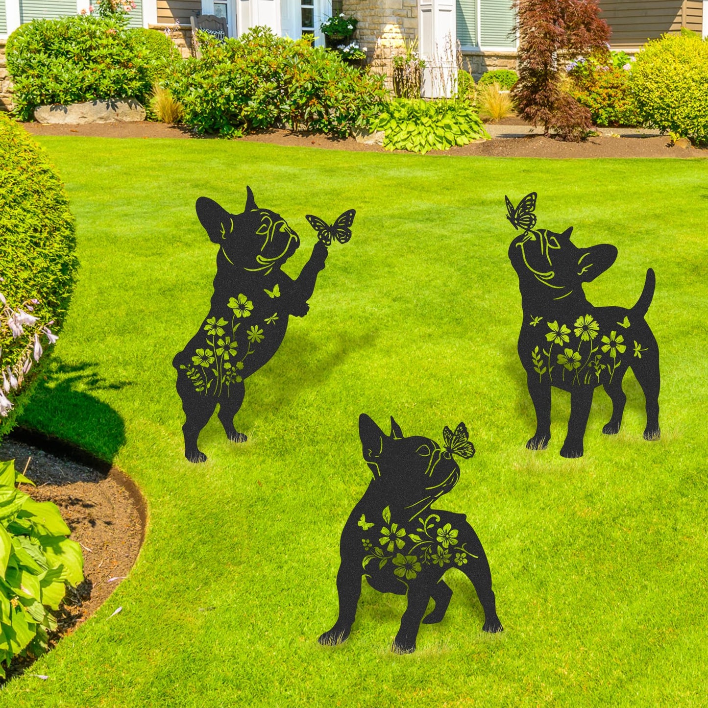 LIRAVENO French Bulldog Gifts Decor - 3 Pcs Metal Garden Stakes Outdoor Animal Statue Decorations Patio Lawn Pathway Yard Art Ornaments Butterfly Flower Silhouette Christmas Birthday for Dog Lover