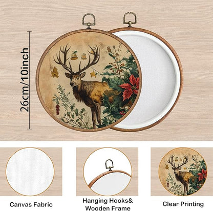 KSDUT Vintage Deer Wall Decor Art - Retro Christmas Wall Art Canvas Frame Hanging Prints, Xmas Holiday Elk Round Wall Art Decor for Farmhouse Home Decorations 10"x10"