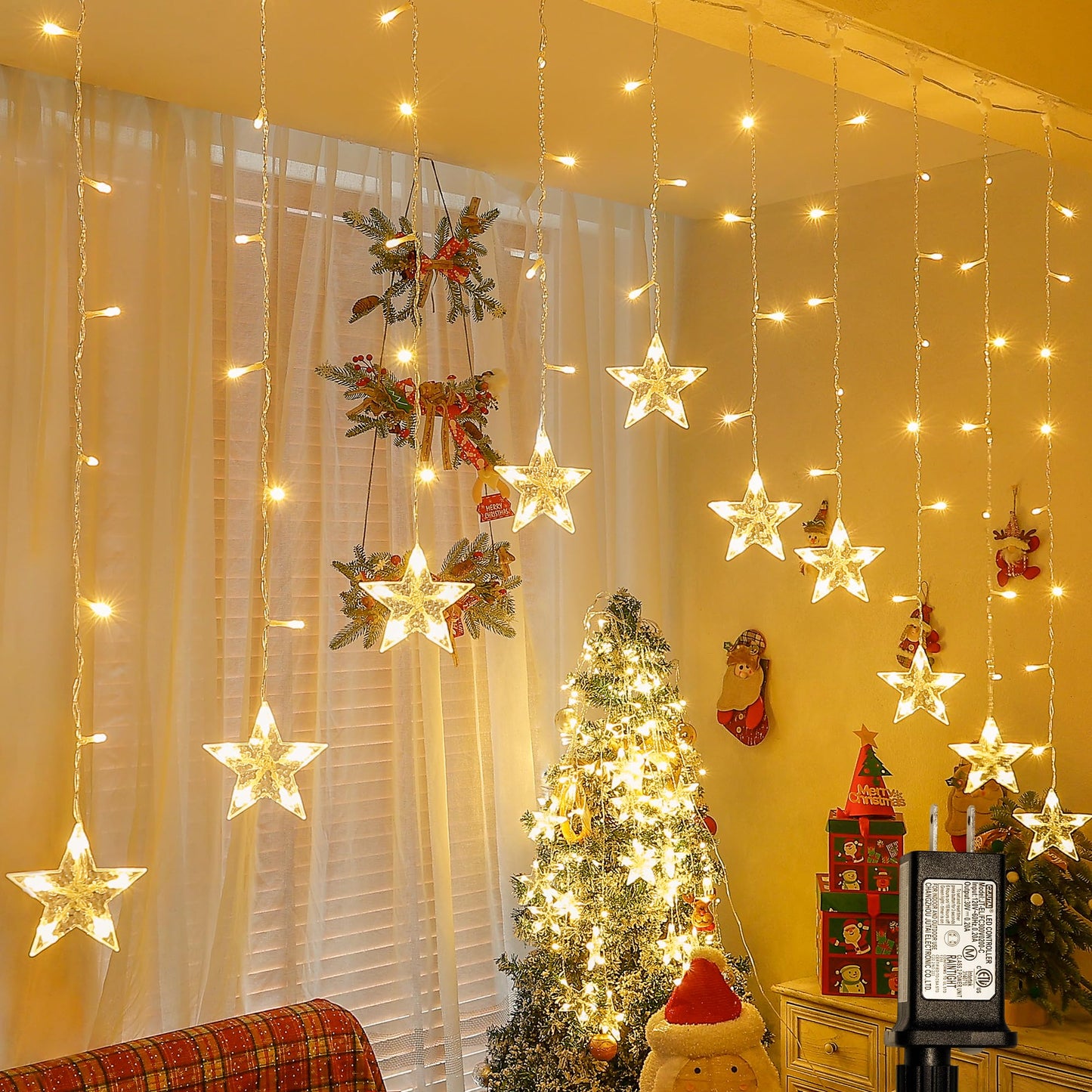woohaha 118LED Star Icicle Lights,Window Curtain Light Plug in,8 Modes Timer Hanging String Lights,Connectable Warm White Star Lights for Bedroom Indoor Party Wedding Ramadan Christmas Decorations