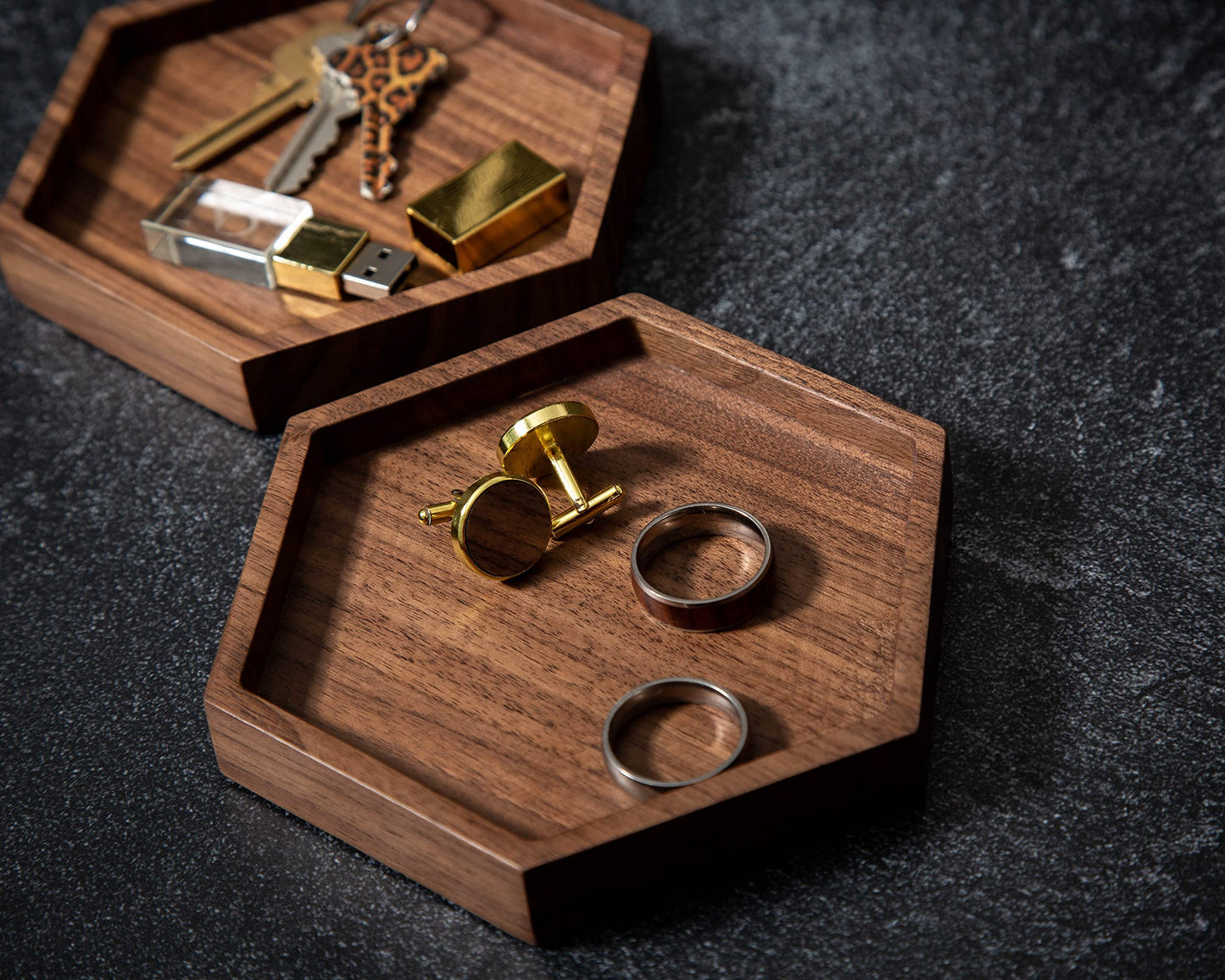 Hexagon Wood Ring Dish - Everyday Catchall Trinket EDC Tray for Men Women, Store Your Watches Cufflinks Rings Earrings Keys Coins, Father's Day for Husband Dad Son (Blank)