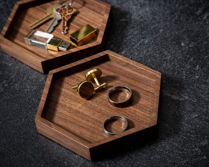 Hexagon Wood Ring Dish - Everyday Catchall Trinket EDC Tray for Men Women, Store Your Watches Cufflinks Rings Earrings Keys Coins, Father's Day for Husband Dad Son (Blank)