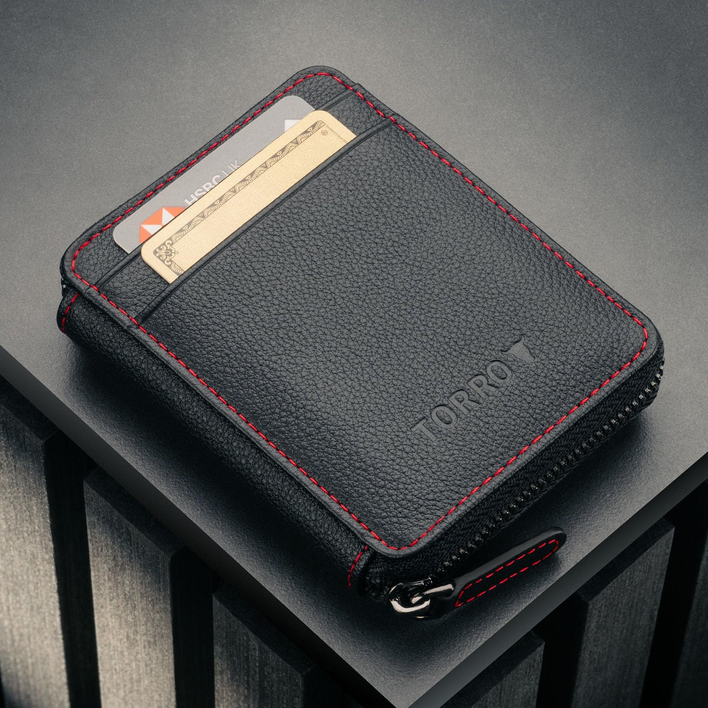 TORRO Leather Card Holder with Coin Case – RFID Blocking Premium Leather Credit Cardholder with Zipped Coin Pouch (Black with Red Detail)