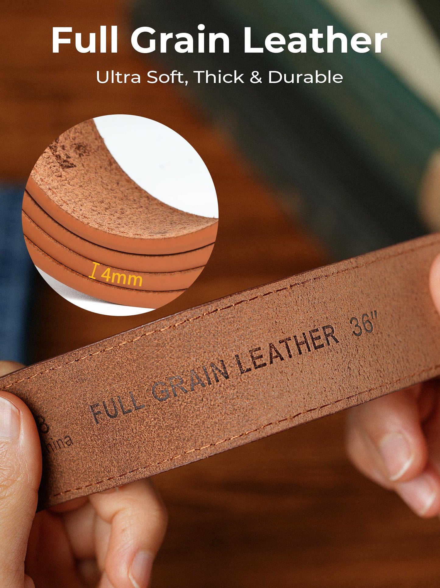 MILORDE Full Grain Leather Belt for Men, Work Belts for Men Heavy Duty, Daily Wear for Jeans Pants (Yellowish Brown 210, 36)
