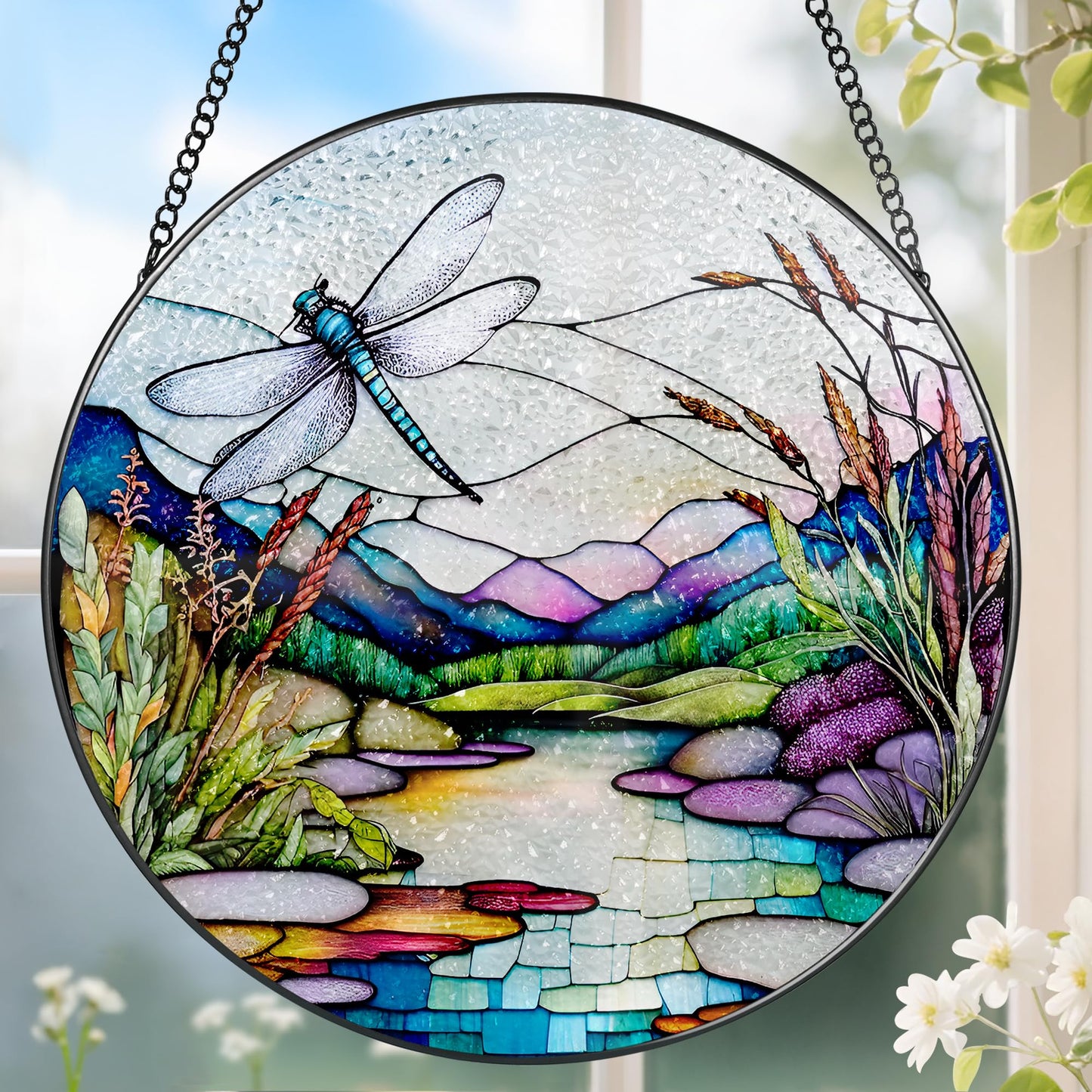 8 Inch Stained Glass Suncatcher Ornament, DOUHASU Dragonfly Sun Catchers Indoor Window, Stained Glass Window Hanging, Home Decor, Dragonfly Lovers Gifts for Her, Women, Mom, Wife