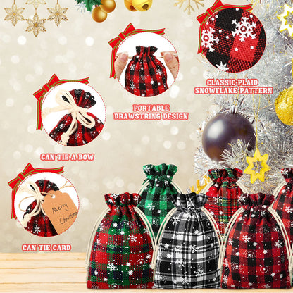Shappy 25 Pieces Christmas Drawstring Bags 4 x 6 Inch Small Xmas Buffalo Plaid Bags with Snowflake Pattern Linen Cloth Gift Treat Bag for Christmas Holiday Party Favor