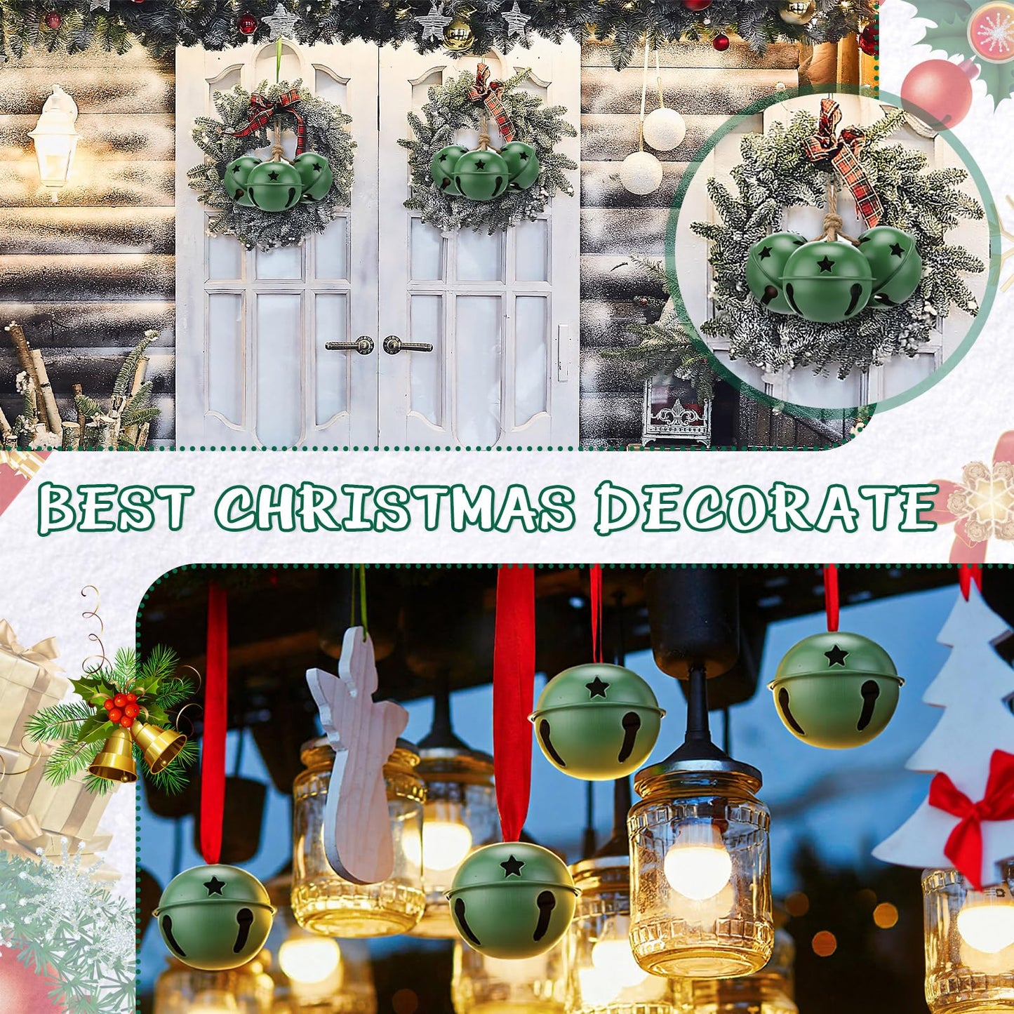 Zhengmy 8 Pcs Jumbo 3.15'' Christmas Star Cutouts Bells for Craft Large Bells Xmas Ornament Christmas Tree Decor (Green)