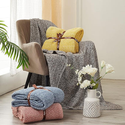 Longhui bedding Yellow Knitted Throw Blanket for Couch Sofa Bed, Soft, Cozy Machine Washable 100% Cotton Sofa Cable Knit Blankets, Large 60 x 80 Inches Oversized, Bright Yellow and White Color