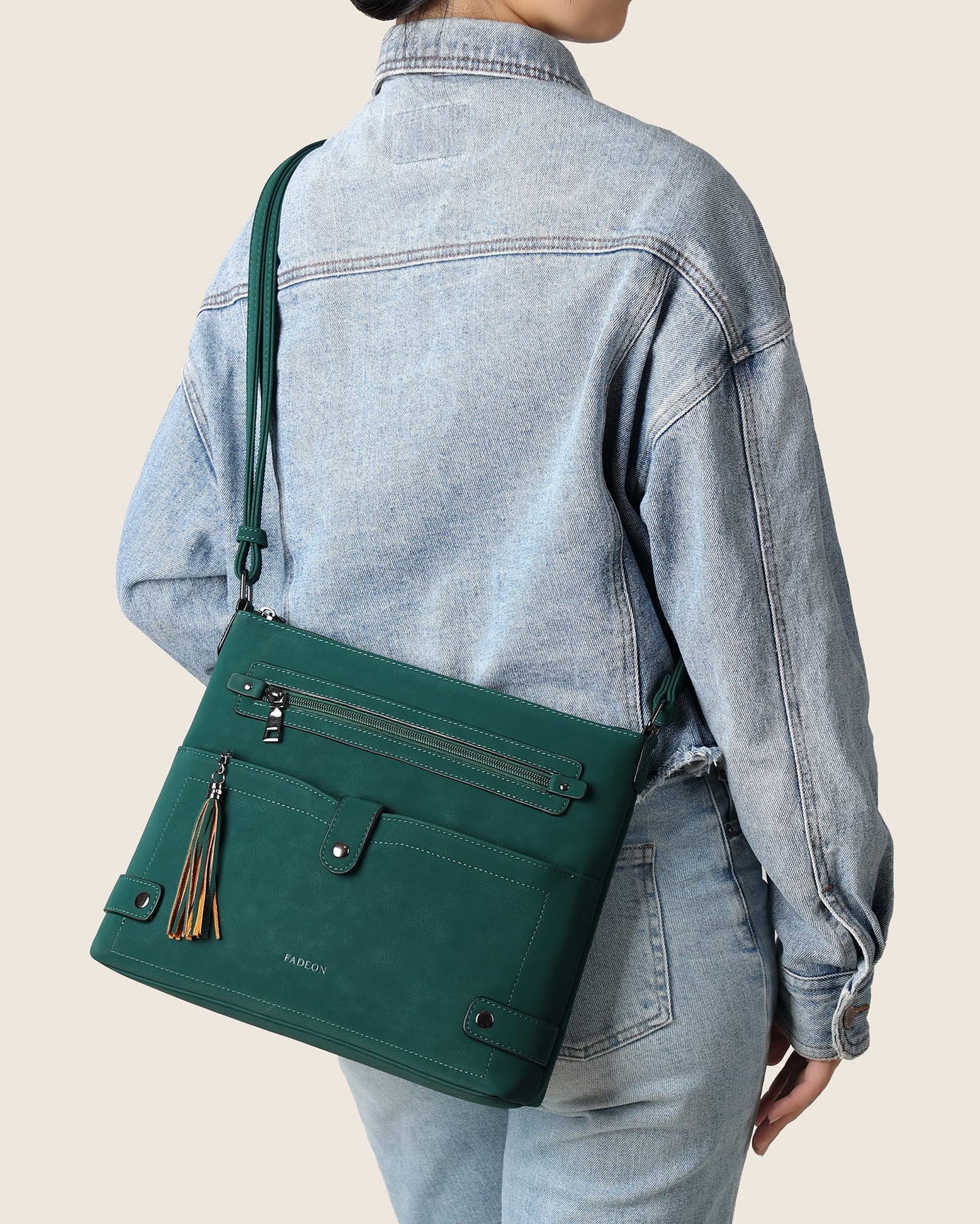 FADEON Large Crossbody Purses for Women Crossbody Bag, Leather Cross Body Purses Multi Pocket Roomy Shoulder Bag ,Dark Green Suede Style