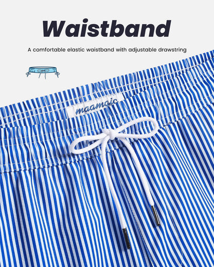 maamgic Mens Swim Trunks with Compression Liner 5 Inch, Quick Dry Bathing Suit with Zipper Pockets, Stretch No-Chafing Swim Shorts, Blue White Stripe Medium
