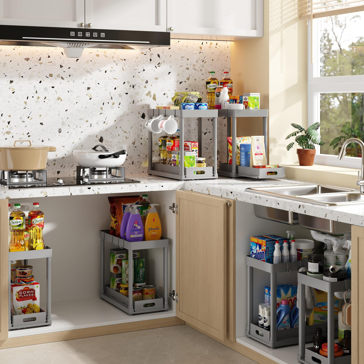 2PC Under Sink Organizer Rack 2 Tier Under Sliding Cabinet Basket Organizer Drawer with 4 Hooks, Multi-purpose Under Sink Storage for Bathroom Kitchen Desktop（Black）