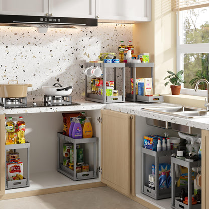 2PC Under Sink Organizer Rack 2 Tier Under Sliding Cabinet Basket Organizer Drawer with 4 Hooks, Multi-purpose Under Sink Storage for Bathroom Kitchen Desktop（Black）