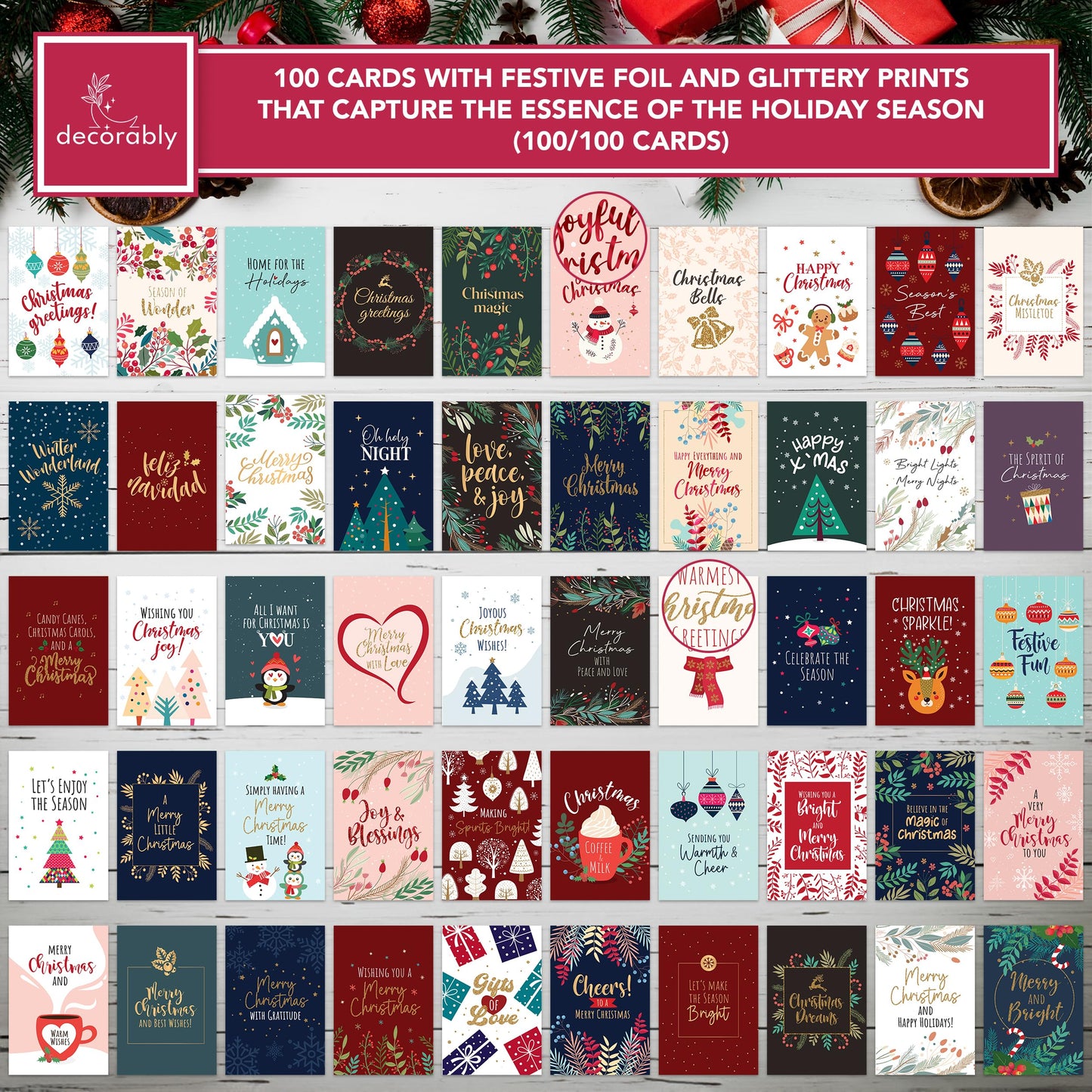 Decorably 100 Pack Foiled & Glittery Boxed 6x4in Assorted Christmas Cards with Envelopes and Stickers, 100 Unique Holiday Designs Seasons Greetings for Loved Ones, Printed Message - Gifting, Mailing