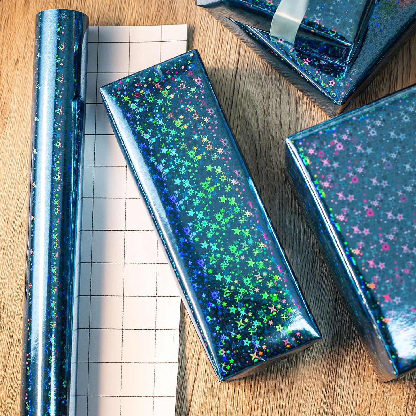 Merture Blue Holographic Wrapping Paper Roll, Blue Space Gift Wrap with Shining Galaxy Design for Birthday, Baby Shower, Christmas, Father's Day, Weeding - 17 In X 32.8 Ft (46.5 sq.ft.)