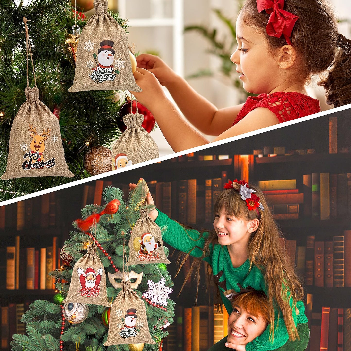 Christmas Small Burlap Bags with Drawstring, Burlap Gift Bags Christmas Linen Treat Sacks Gift Wrapping Bags Xmas Holiday Party Favors Bags(7x5 inch, 24 Pcs)