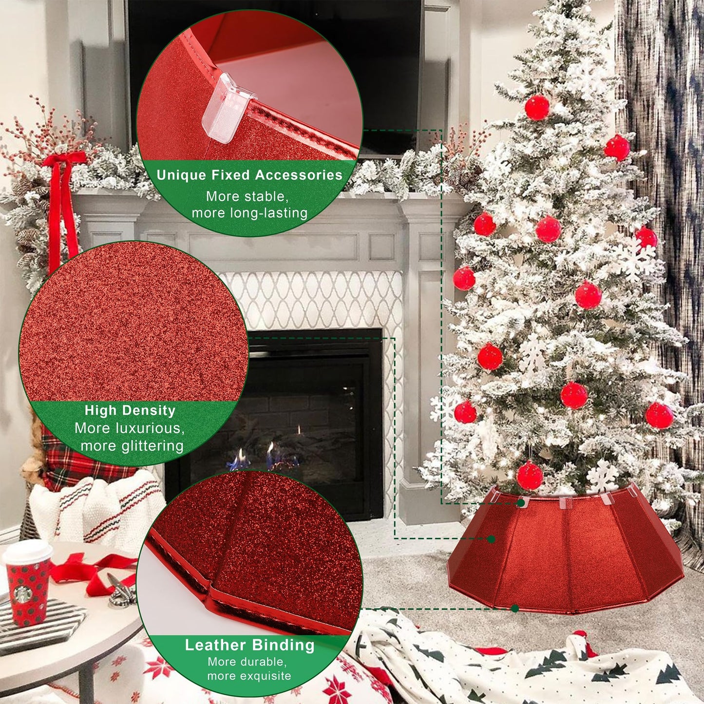 Blissun Fabric Christmas Tree Collar, Glittering Tree Ring, Willow Tree Skirt for Christmas Decorations (Glitter Red)