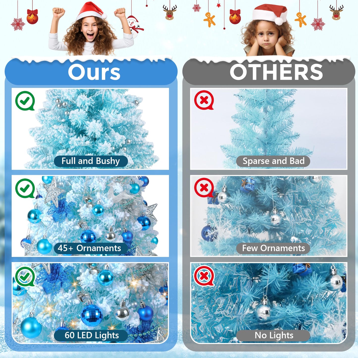 2FT Snow Flocked Christmas Tree, Blue Mini Christmas Tree, Artificial Tabletop Christmas Trees with 60 LED Lights,100 Branch Tips, 47 Ornaments, Small Prelit Xmas Tree for Home Party