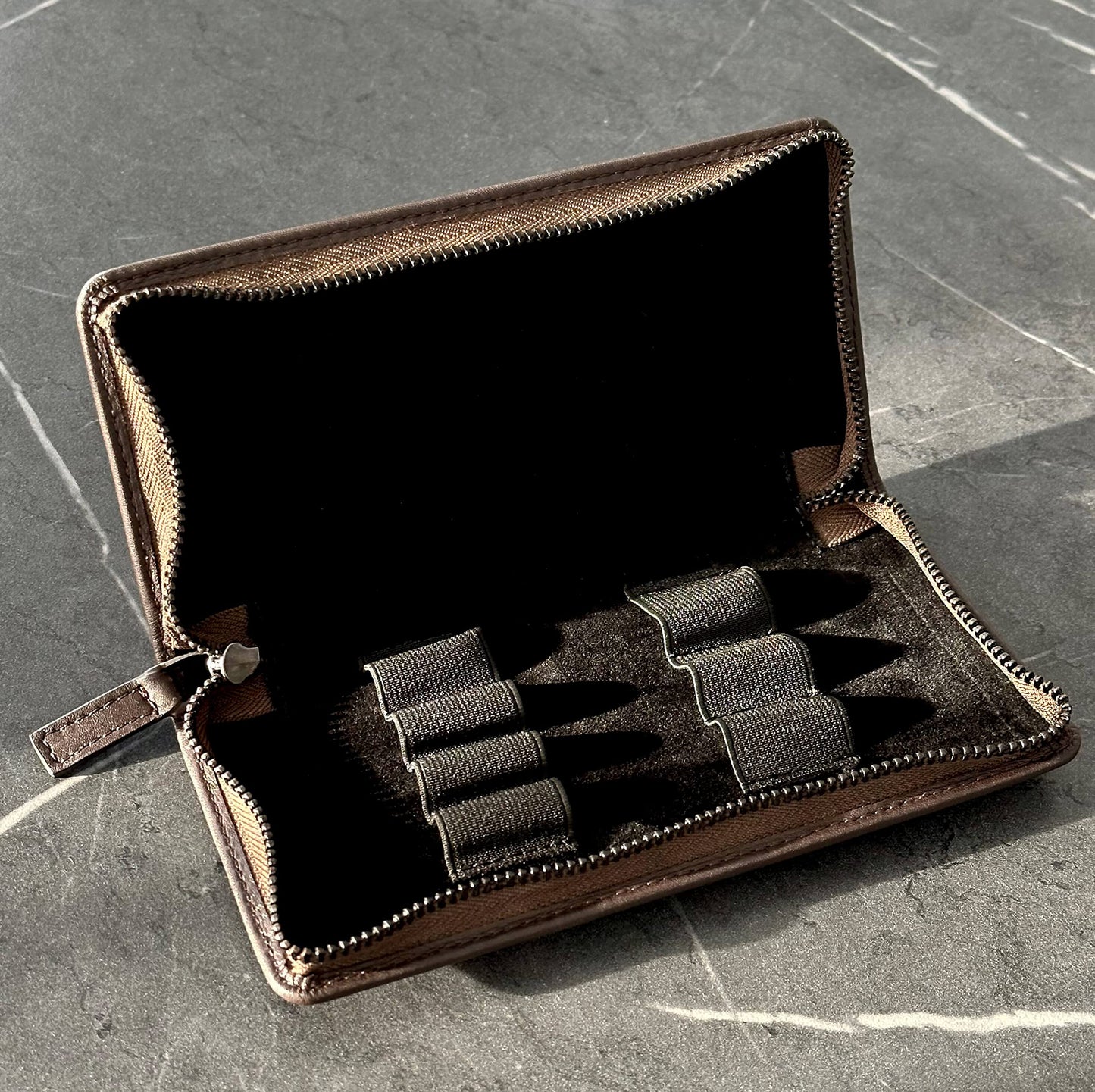 DiLoro Leather Zippered Triple or Quad Pen Case Pencil Pouch Holder for Three or Four Fountain Ballpoint Rollerball Pens or Glasses (Nappa Bugatti)